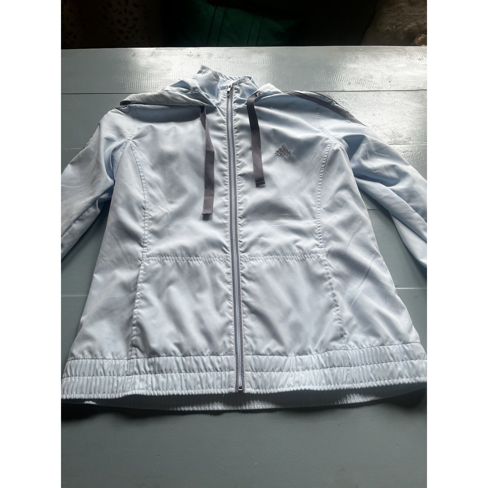 Vintage Y2K Adidas Womens Hooded Windbreaker Jacket Blue White Sporty Coat Small